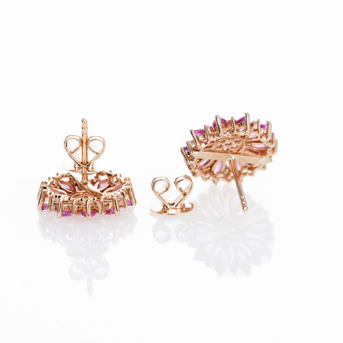 14K Rose Gold Marquise Pink Sapphire Diamond Flower Stud Earrings - Queen May