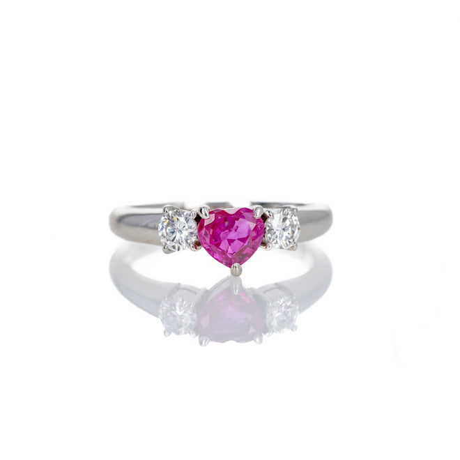 Platinum 0.78 Carat Heart Ruby Diamond Three Stone Ring - Queen May