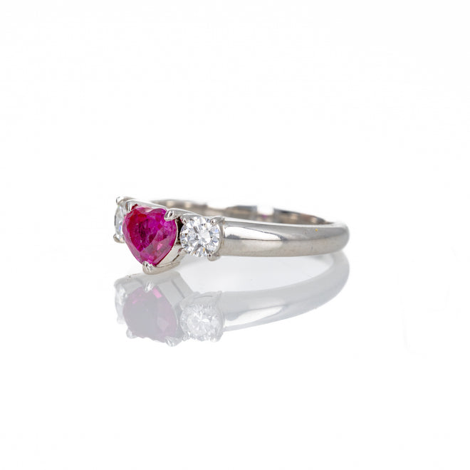 Platinum 0.78 Carat Heart Ruby Diamond Three Stone Ring - Queen May