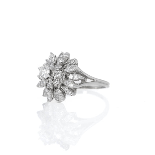 14K White Gold 1 Carat Round Diamond Starburst Cocktail Ring - Queen May