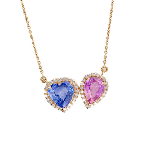 18K Rose Gold Blue Sapphire Pink Sapphire Heart Pear Two Stone Halo Necklace - Queen May