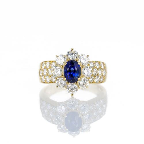 18K Yellow Gold 1.13 Carat Oval Sapphire Diamond Halo Ring - Queen May