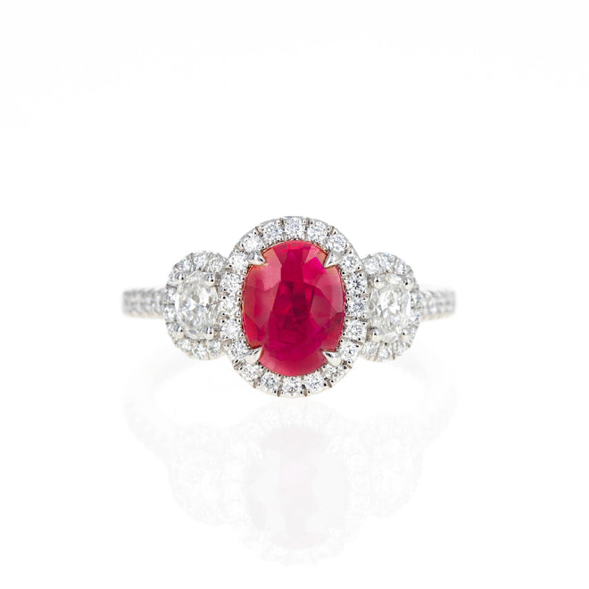 Platinum 0.94 Carat Oval Natural Ruby Diamond Three Stone Halo Ring - Queen May