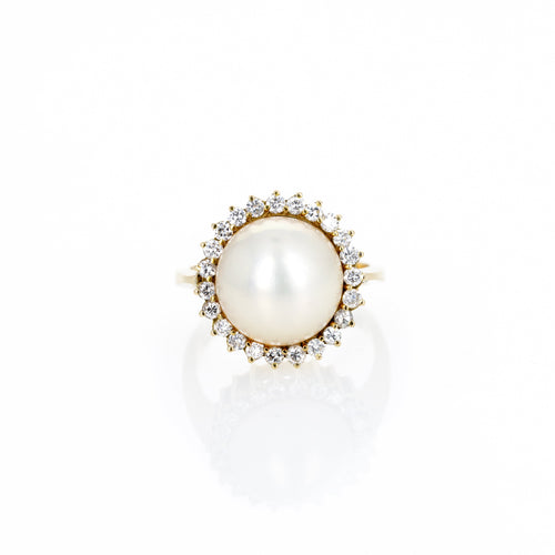 18K Yellow Gold 12mm Mabe Pearl Diamond Halo Ring - Queen May