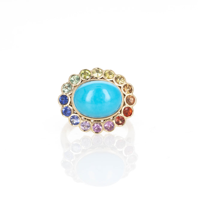 18K Yellow Gold Turquoise Multi-Color Sapphire Halo Ring - Queen May
