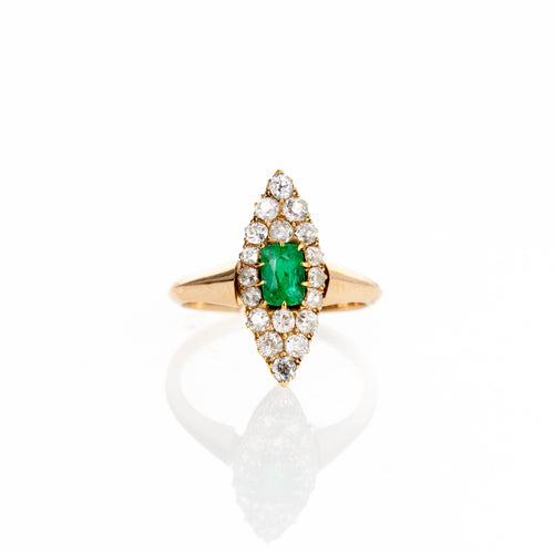 Antique Victorian 0.60 Carat Emerald Old European Diamond Navette Ring - Queen May