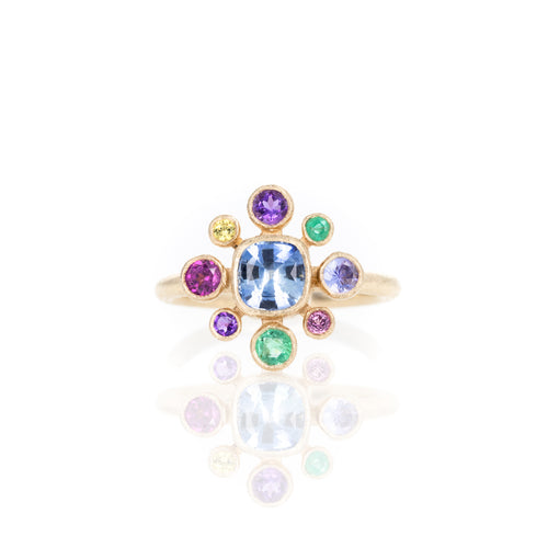 14K Yellow Gold Sapphire and Multicolor Gemstone Floral Cluster Bezel Ring - Queen May