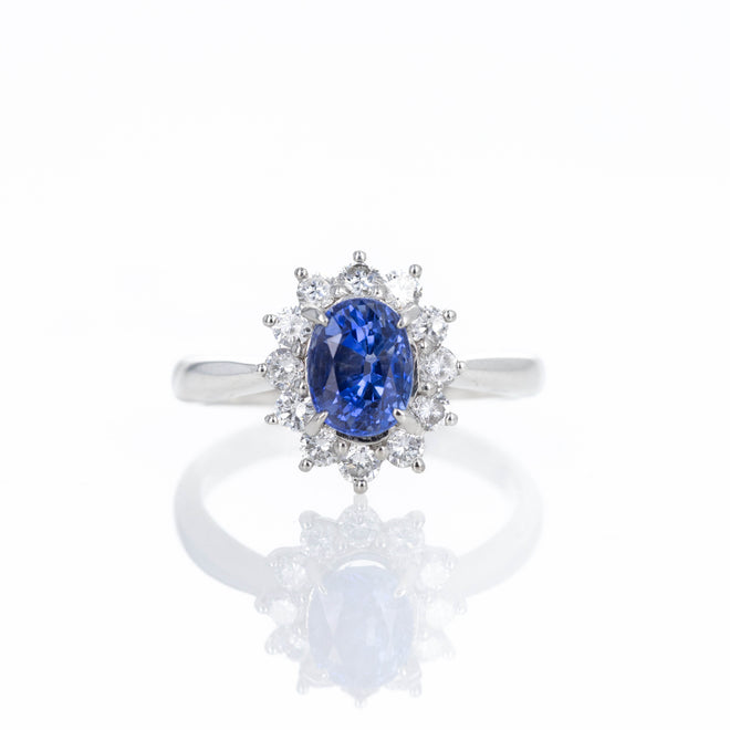 Platinum 1.56 Carat Oval Sapphire Diamond Halo Ring - Queen May