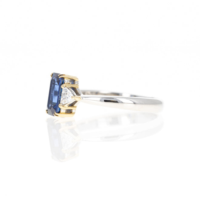 1.31 Carat Emerald Cut Natural Sapphire Diamond Three Stone Ring - Queen May
