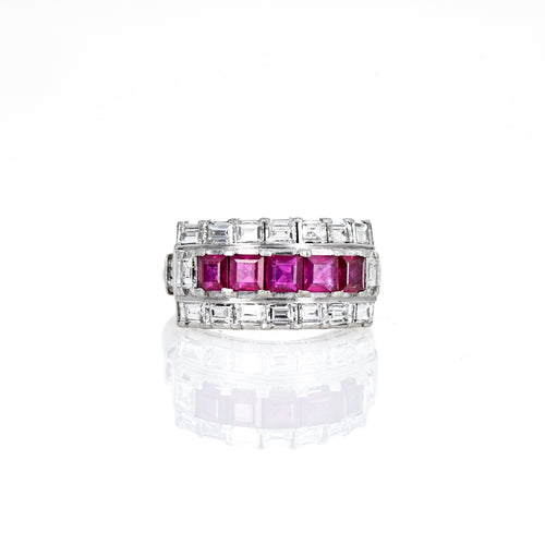 Vintage Platinum Square Natural Ruby Diamond Ring - Queen May