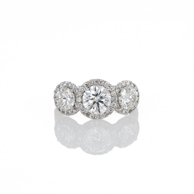 1.37 Carat Round Brilliant Diamond Three Stone Halo Ring - Queen May