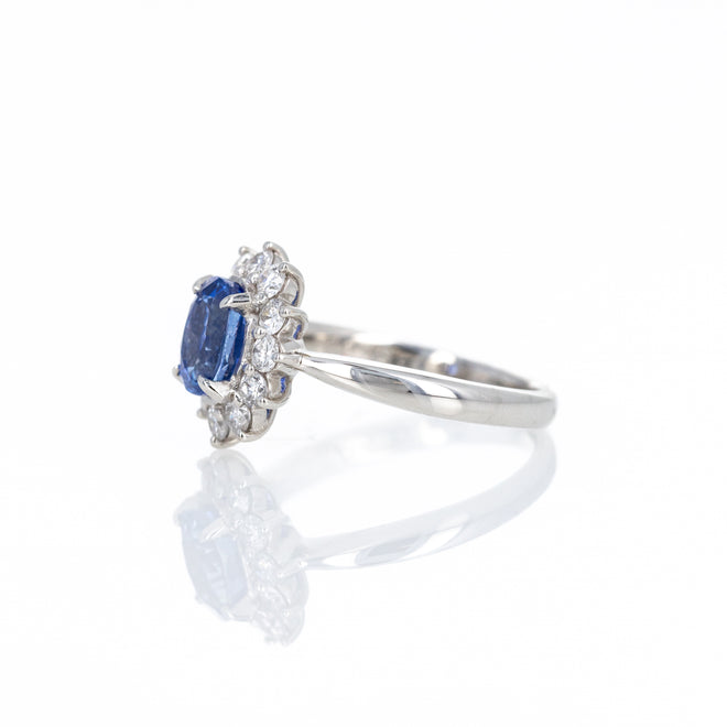 Platinum 1.56 Carat Oval Sapphire Diamond Halo Ring - Queen May