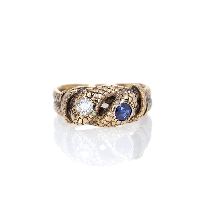 Victorian Old European Diamond Natural Sapphire Interlocking Snake Ring - Queen May