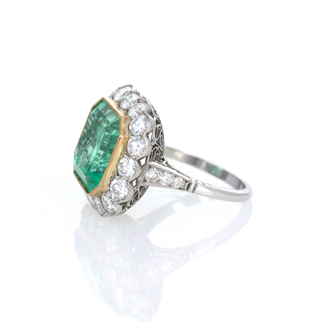 Art Deco Inspired 9.36 Carat Natural Colombian Emerald & Diamond Halo Ring - Queen May