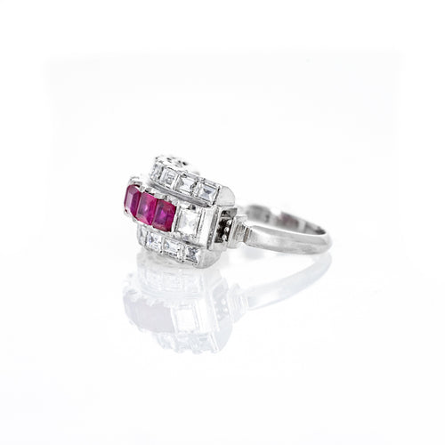 Vintage Platinum Square Natural Ruby Diamond Ring - Queen May