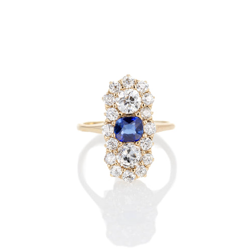 Antique Victorian 14K Yellow Gold 0.95 Carat Sapphire Old European Diamond Ring - Queen May