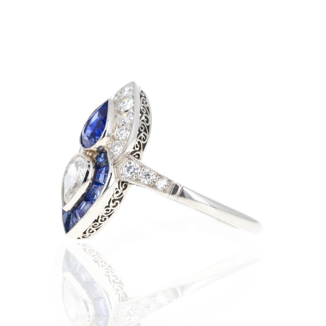 Art Deco Platinum Pear Sapphire Diamond Two Stone Ring - Queen May