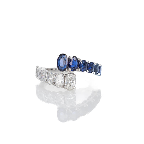 18K White Gold Oval Sapphire Diamond Bypass Ring - Queen May