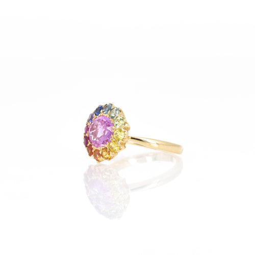 18K Yellow Gold 2.33 Carat Pink Sapphire Multi-Color Halo Ring - Queen May