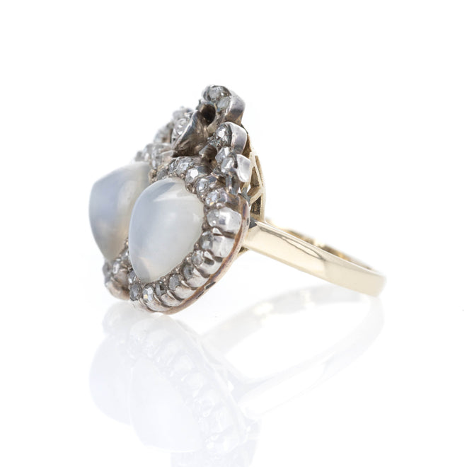 Victorian Twin Heart Shape Moonstone Rose Diamond Conversion Ring - Queen May