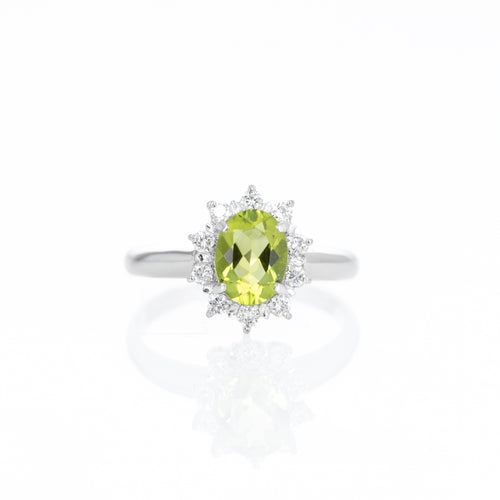 Platinum 1.32 Carat Peridot Diamond Halo Ring - Queen May