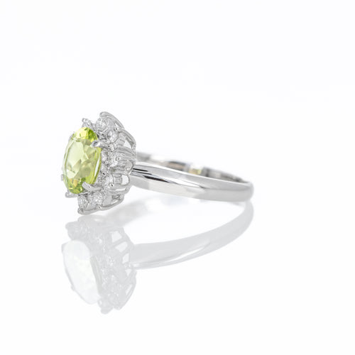 Platinum 1.32 Carat Peridot Diamond Halo Ring - Queen May