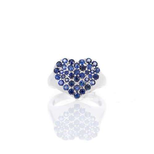 18K White Gold Blue Sapphire Heart Pave Ring - Queen May
