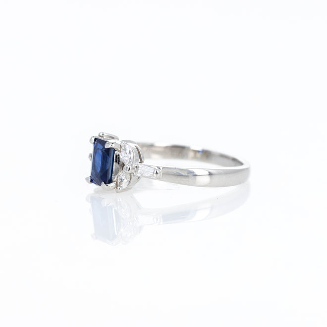 Platinum 0.76 Carat Emerald Cut Sapphire Diamond Ring - Queen May