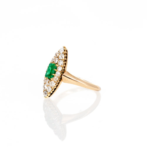 Antique Victorian 0.60 Carat Emerald Old European Diamond Navette Ring - Queen May