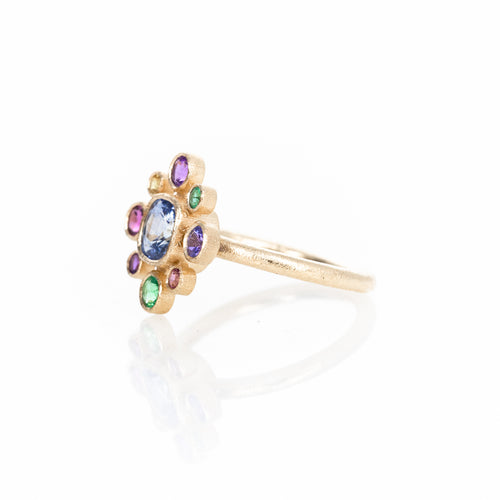 14K Yellow Gold Sapphire and Multicolor Gemstone Floral Cluster Bezel Ring - Queen May