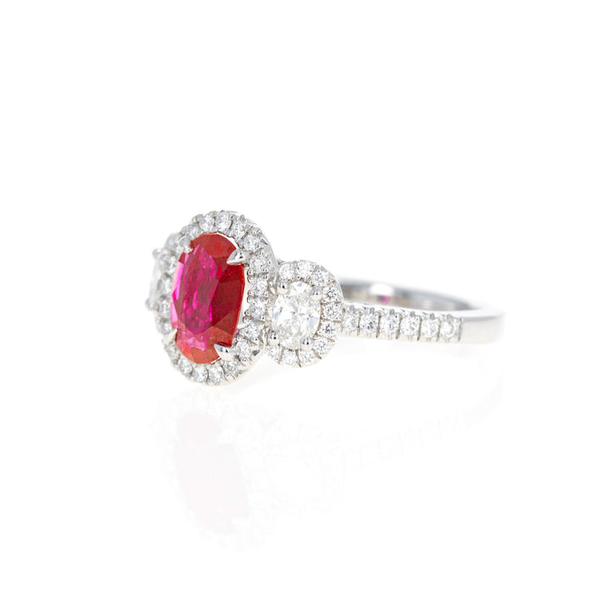 Platinum 0.94 Carat Oval Natural Ruby Diamond Three Stone Halo Ring - Queen May