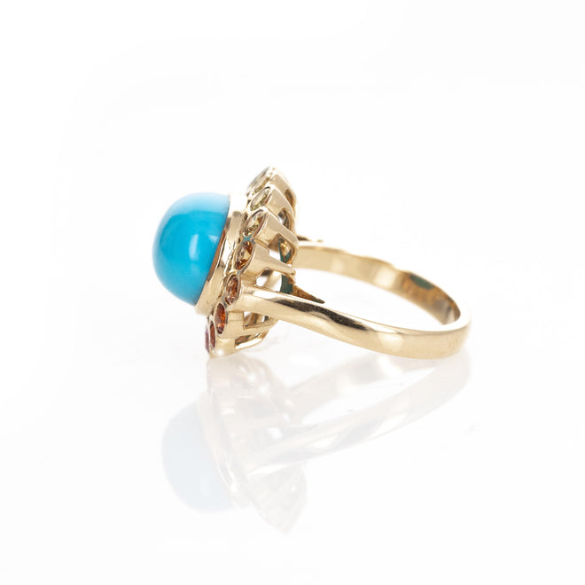 18K Yellow Gold Turquoise Multi-Color Sapphire Halo Ring - Queen May