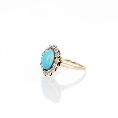 Antique Victorian 18K Yellow Gold Turquoise Diamond Halo Ring - Queen May