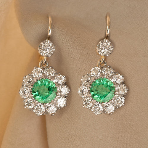 Victorian Inspired Round Emerald Diamond Drop Earrings - Queen May