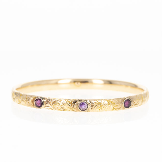 Victorian 14K Yellow Gold Amethyst Engraved Bangle - Queen May