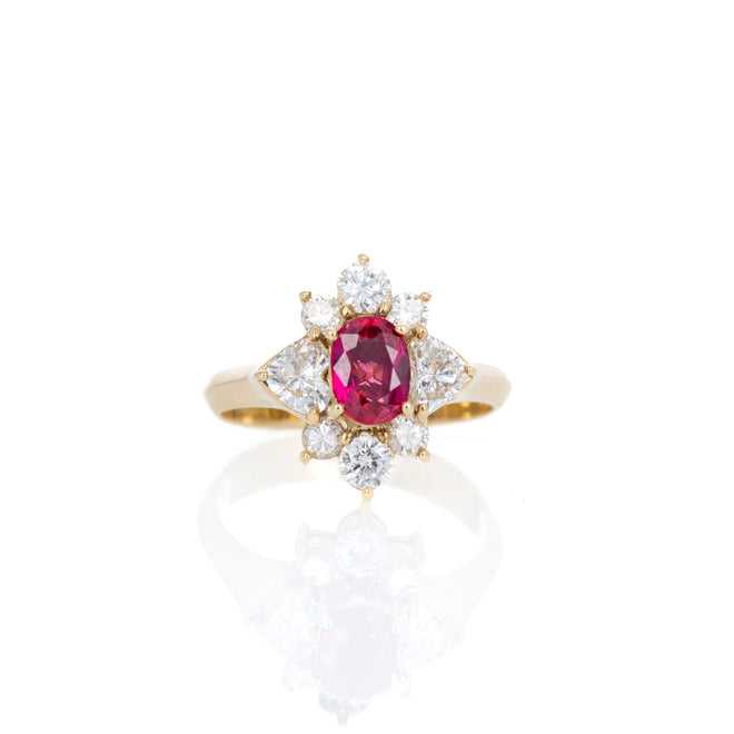 18K Yellow Gold 0.85 Carat Oval Natural Ruby Diamond Heart Halo Ring - Queen May