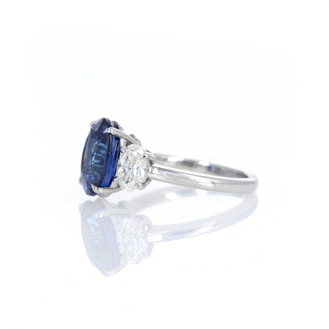 Platinum 5.12 Carat Oval Natural Sapphire Oval Diamond Three Stone Ring - Queen May
