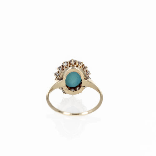 Antique Victorian 18K Yellow Gold Turquoise Diamond Halo Ring - Queen May