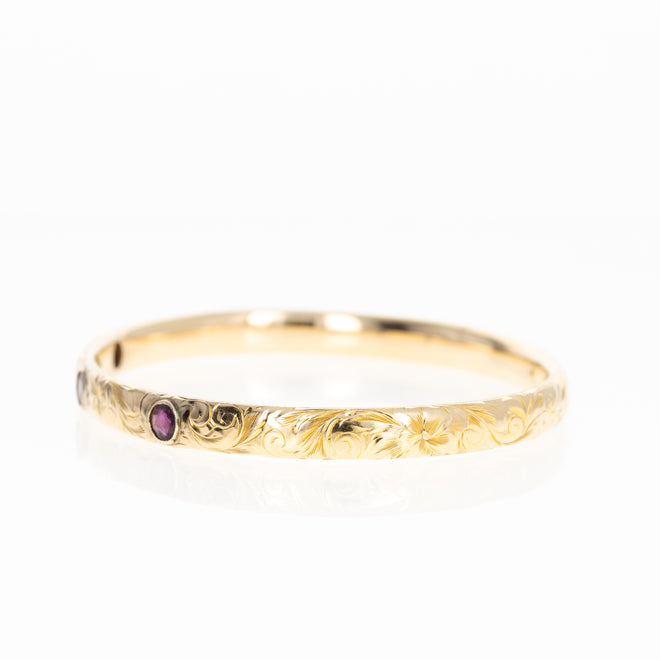 Victorian 14K Yellow Gold Amethyst Engraved Bangle - Queen May