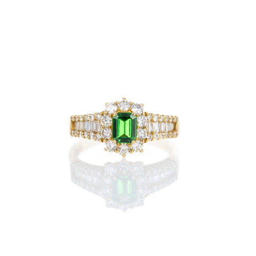 18K Yellow Gold 0.40 Carat Tsavorite Garnet Diamond Halo Ring - Queen May