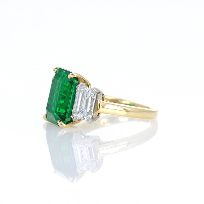 5.62 Carat Zambian Emerald Diamond Three Stone Ring AGL Certified - Queen May
