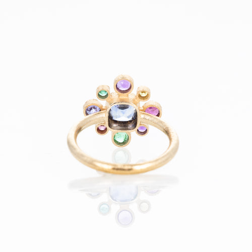 14K Yellow Gold Sapphire and Multicolor Gemstone Floral Cluster Bezel Ring - Queen May