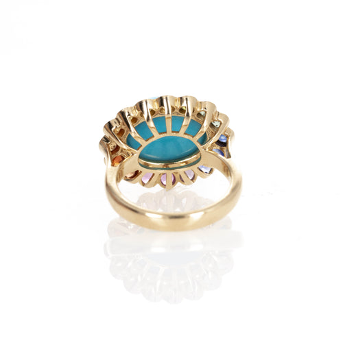 18K Yellow Gold Turquoise Multi-Color Sapphire Halo Ring - Queen May