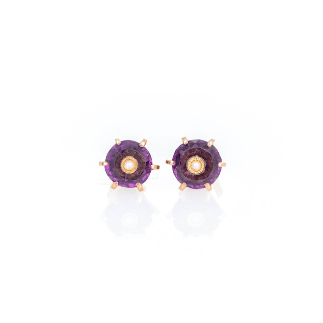 Victorian Round Amethyst Seed Pearl Inlay Stud Earrings - Queen May