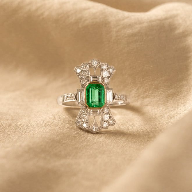 Art Deco Inspired 0.75 Carat Natural Emerald Diamond Ring - Queen May