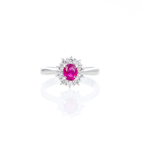 Platinum 0.67 Carat Oval Ruby Diamond Halo Ring - Queen May