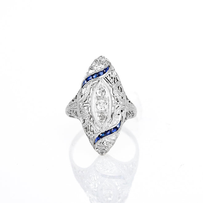 Art Deco Old European Diamond Synthetic Sapphire Filigree Shield Ring - Queen May