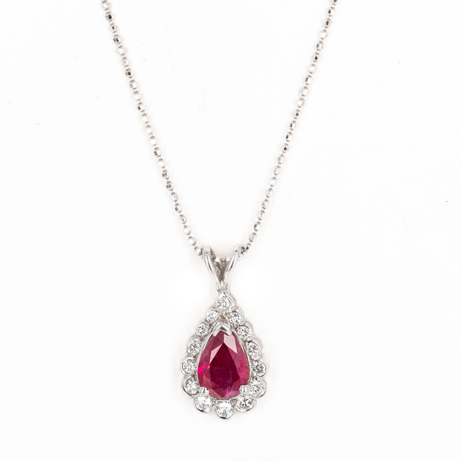 14K White Gold 1 Carat Pear Natural Ruby Diamond Halo Pendant Necklace - Queen May