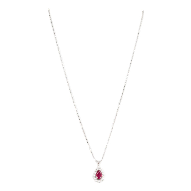 14K White Gold 1 Carat Pear Natural Ruby Diamond Halo Pendant Necklace - Queen May