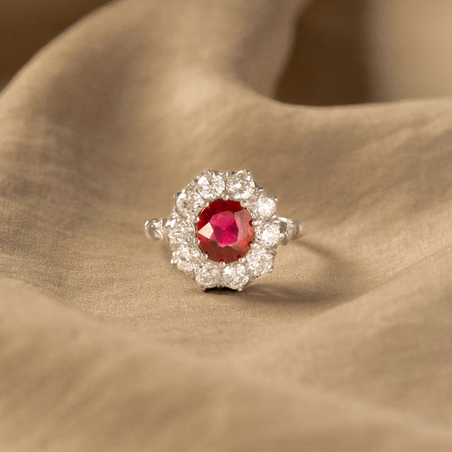 Art Deco Inspired 1.23 Carat Natural Ruby Diamond Halo Ring - Queen May